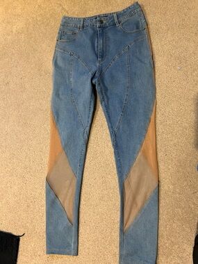 Women Blue Denim Riding-Style Jeans with Brown Sheer Panels edgy sexy rave party